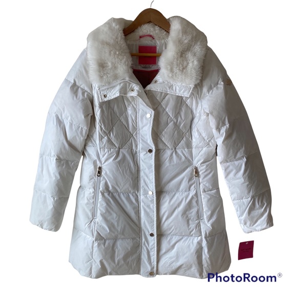 NWT Kate Spade Quilted Down White Faux Fur Collar Puffer Coat Sz M
